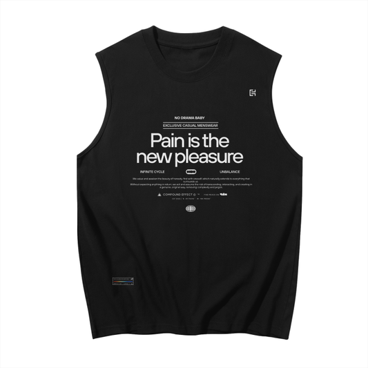 Explore our minimalist and contemporary Sleeveless Tank Top by ODMPOD, crafted from 100% cotton. This black casual wear piece showcases white text that reads, "Pain is the new pleasure," along with additional smaller phrases and symbols, making it a great choice for any relaxed event.