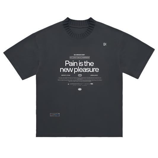 The ODMPOD UT058 ▪ T-Shirt is a unisex black top made from 100% cotton for maximum comfort. It showcases a minimalist monochrome style with the phrase "Pain is the new pleasure" in white text and subtle symbols. The ribbed collar adds definition, making it an ideal choice for casual wear.