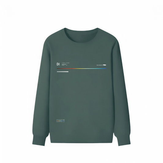 Meet the UE002 Sweater by ODMPOD: a green long-sleeve crewneck sweatshirt with a minimalistic design. It features a small white horizontal graphic with text and a color gradient bar on the chest area, complemented by a small rectangular patch near the bottom hem on the left side. This unisex casual wear ensures a perfect fit with its comprehensive size guide.