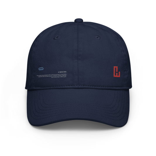 The HT005 Champion Hat by C3 is a navy blue baseball cap with fine stitch detailing. This athletic hat features a small red geometric logo on the front right side and small white text on the left side. Made of 100% cotton twill, it has an adjustable strap and ventilation eyelets on the top, set against a black background.