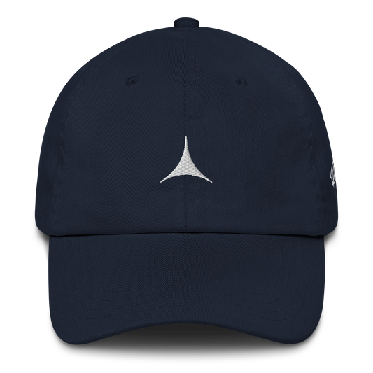 The HT003 Hat by C3 is a navy blue baseball cap featuring a white triangular logo on the front. It boasts a curved brim, visible stitching details, and an adjustable strap for a perfect fit. This low-profile Dad hat seamlessly blends style with comfort.