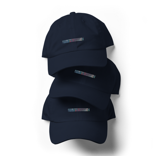 Three Cap Essentials dad hats by C3 are stacked vertically against a black background. Each dark navy blue cap features a minimalistic rectangular logo with horizontal lines in shades of blue, pink, and white. These low-profile caps also come with an adjustable strap for a perfect fit.