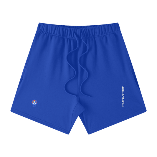 Introducing the C3 - Shorts by ODMPOD: These unisex streetwear shorts in a vibrant blue hue offer a mid-waist fit and drawstring waist for effortless style. Crafted from casual cotton, they feature two subtle embroidered logos on the lower sides.