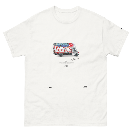 The C3 MT006 T-Shirt is a men's classic 100% cotton tee, featuring a white base adorned with a graphic of a food truck and vibrant graffiti text that reads "Keeping It Real." The artwork showcases various colors and artistic details, accompanied by small logos and text below the graphic, suggesting collaboration or branding—perfect for streetwear outfits.