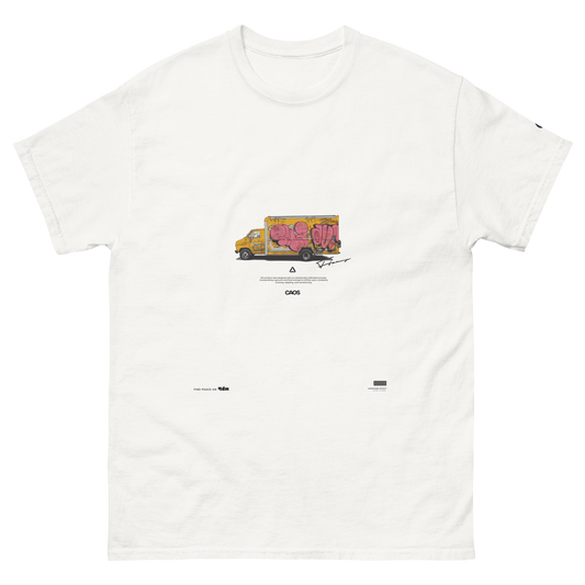 The UT023 ▪ T-Shirt by C3 is a men’s classic tee featuring a white t-shirt with an illustration of a yellow delivery truck adorned with pink graffiti and the text "Change The Atmosphere." Perfect for streetwear outfits, the truck is centered on 100% cotton fabric, with additional small logos and text below the image.