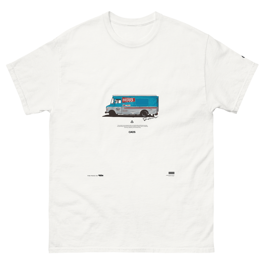 The UT026 T-Shirt by C3 is a white tee featuring a graphic of an ice cream truck with the label "Hershey's" on a blue background. Made from 100% cotton, this men's classic T-shirt showcases minimalistic designs and logos below the truck image, offering a stylish addition to streetwear outfits. It has a crew neck and short sleeves.